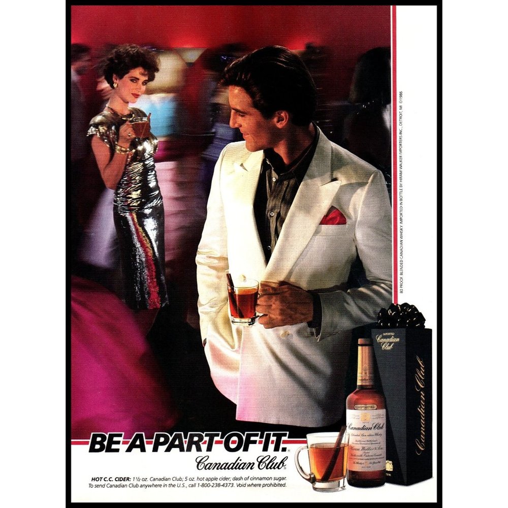 1987 Canadian Club Rye Whisky Vintage Print ad Night Club Silver Dress Wall Art